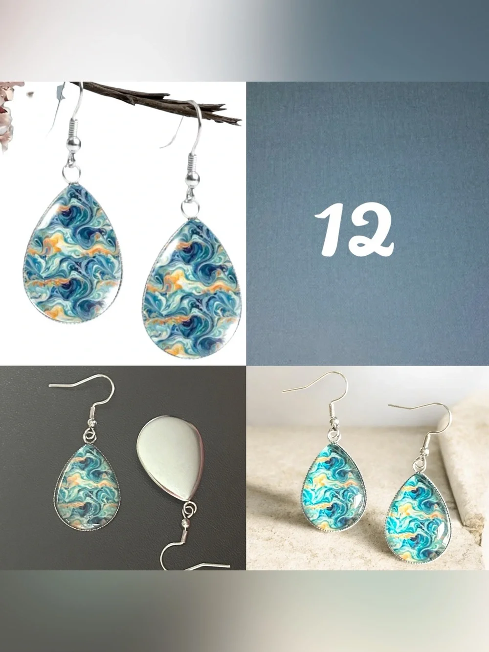Glass Dome Teardrop Dangle Earrings Floral & Abstract Watercolor Cabochon Design